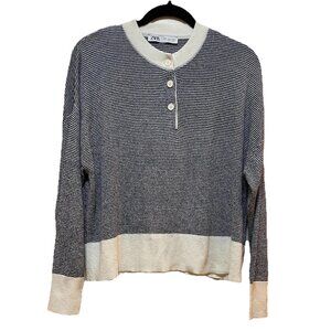 ZARA Blue and White  Striped  Crewneck Long Sleeve Henley Knit Sweater Sz S